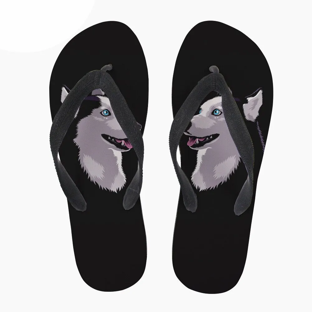 Animal Husky Pattern Flip Flops Casual House Summer Vacation Flats Beach Sandals