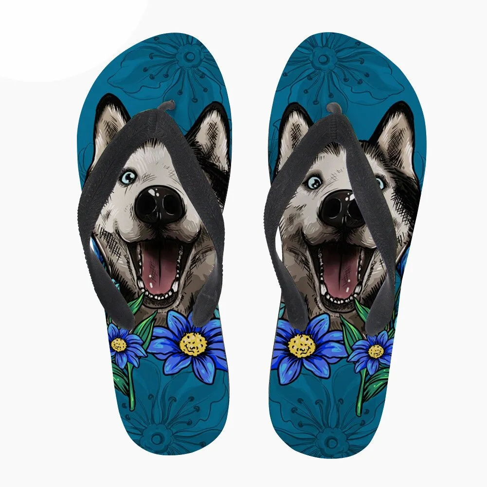 Animal Husky Pattern Flip Flops Casual House Summer Vacation Flats Beach Sandals