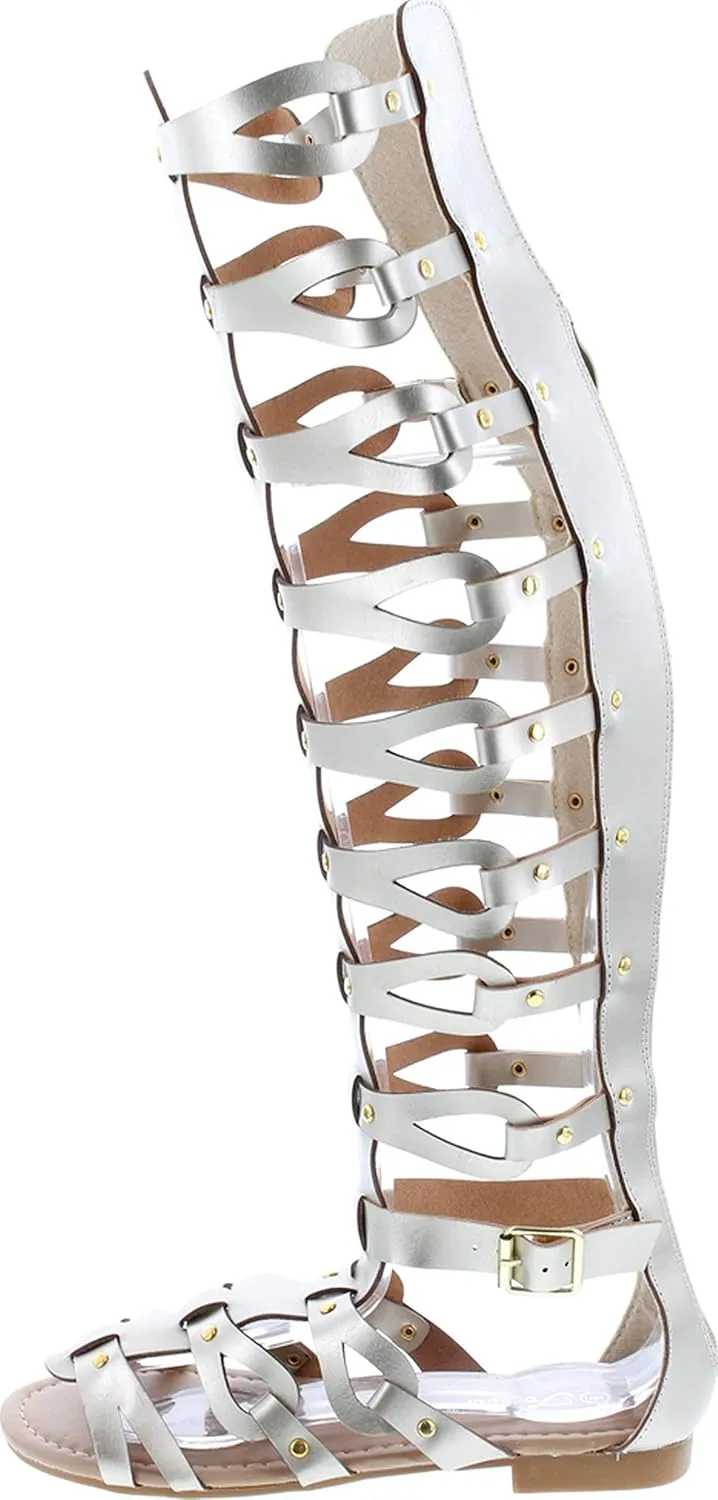 Atta 17 Womens Knee High Caged Gladiator Strappy Flat Sandals
