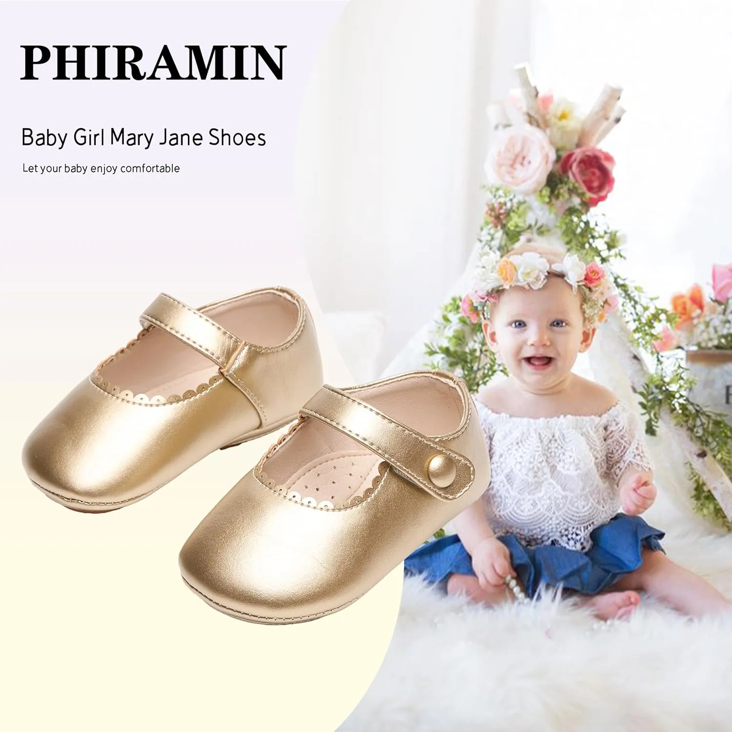 Baby Girls Mary Jane Flats - Infant Newborn Walking Shoes Soft Rubber Sole Princess Wedding
