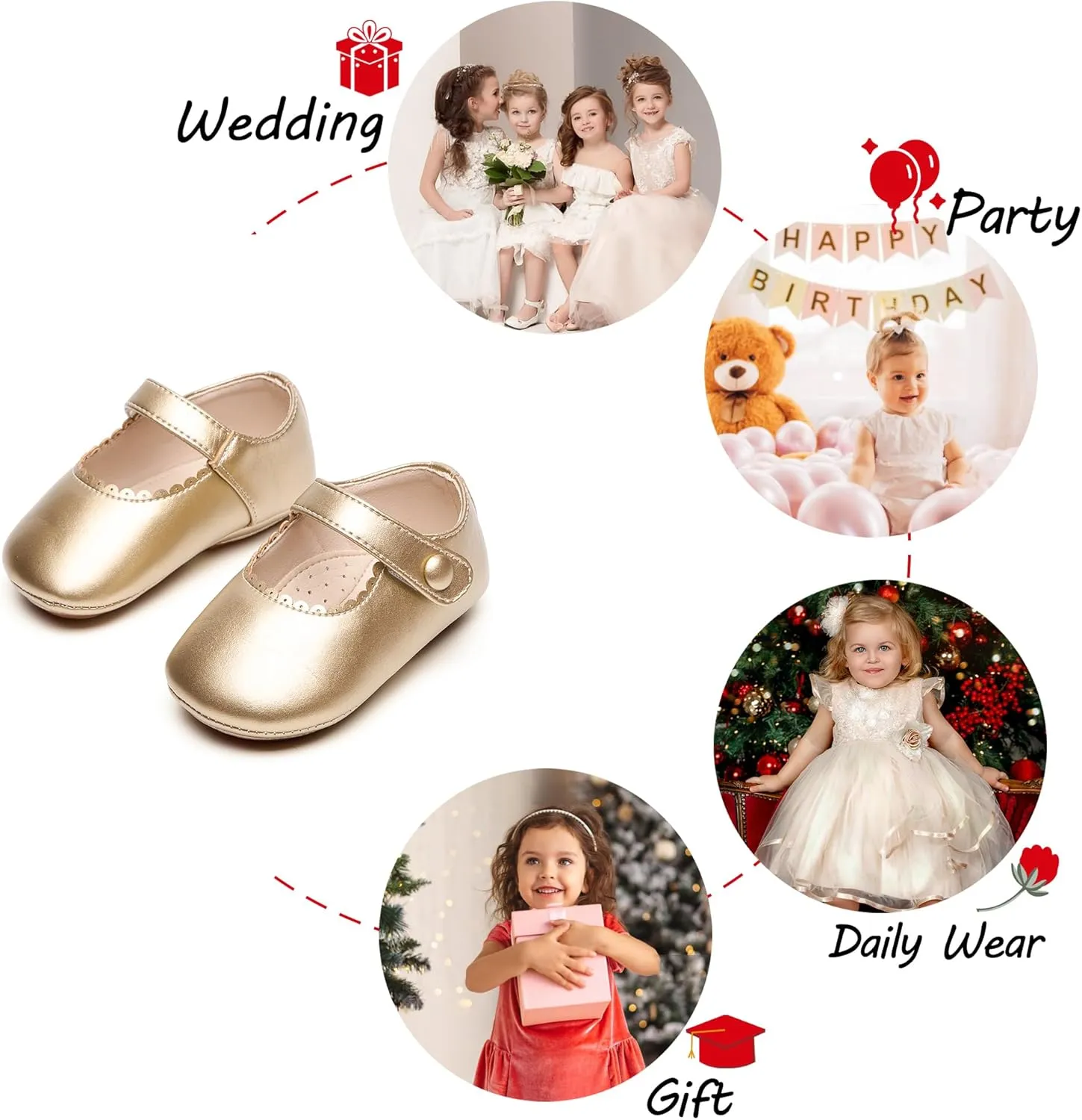 Baby Girls Mary Jane Flats - Infant Newborn Walking Shoes Soft Rubber Sole Princess Wedding