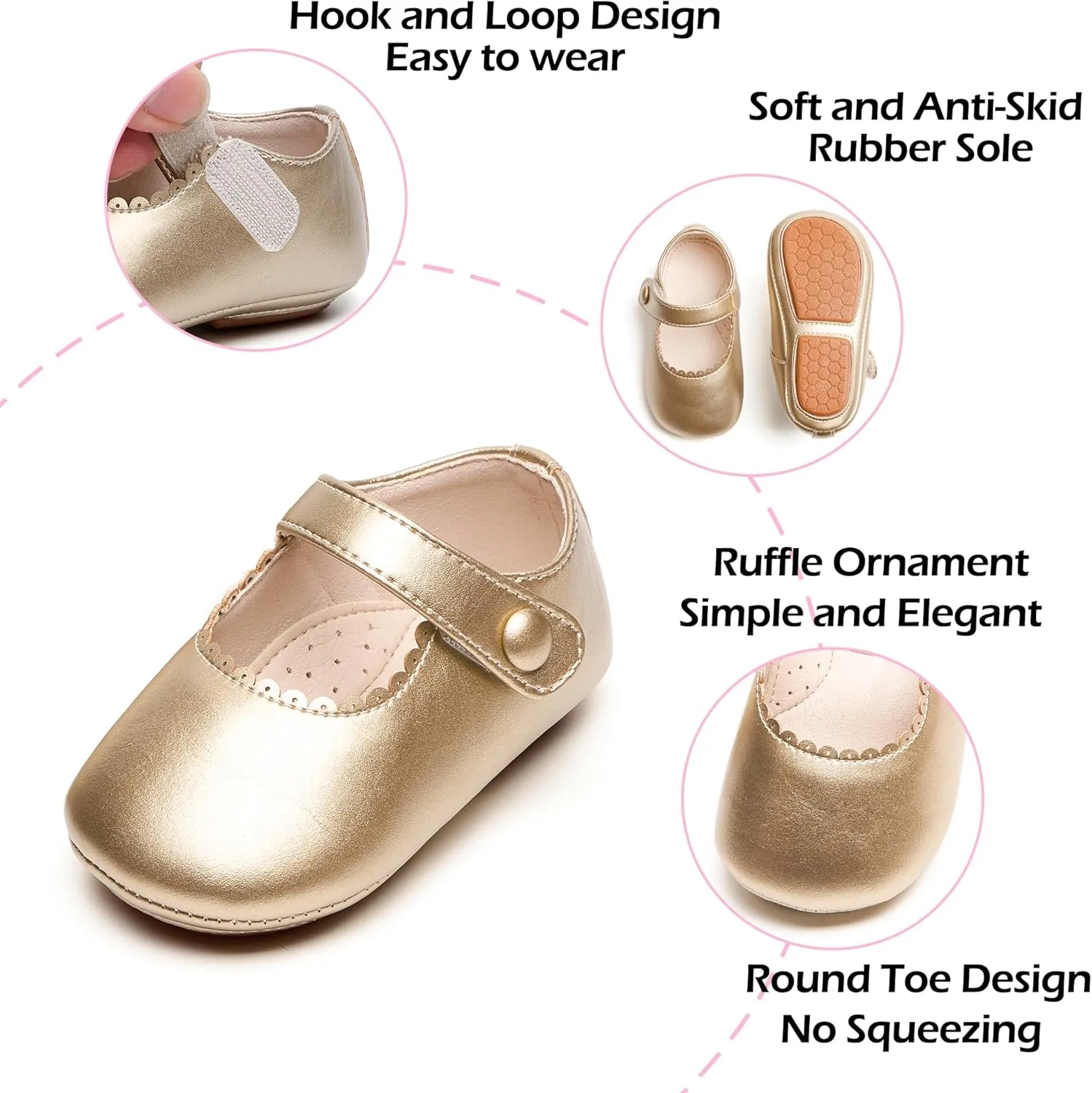 Baby Girls Mary Jane Flats - Infant Newborn Walking Shoes Soft Rubber Sole Princess Wedding