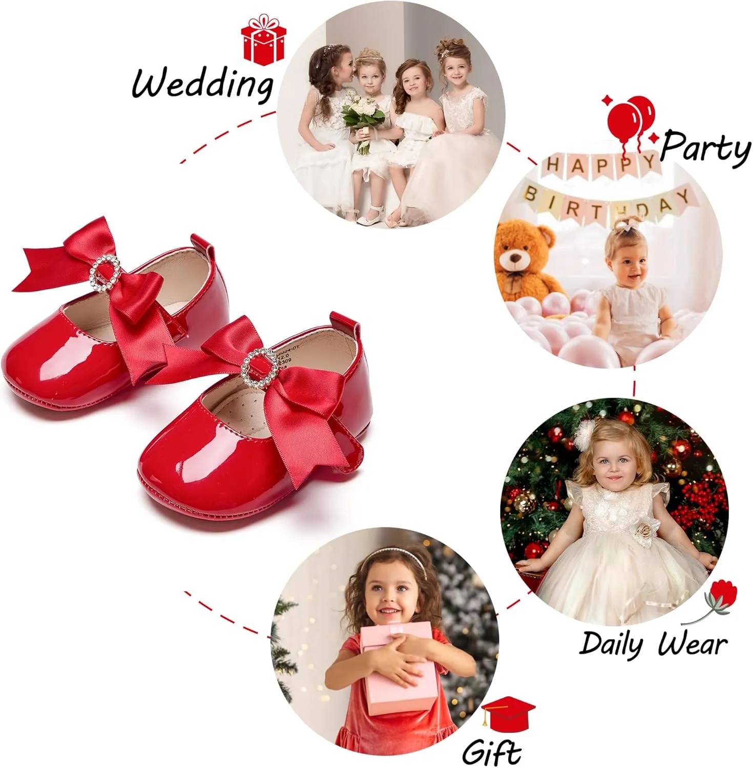 Baby Girls Mary Jane Flats - Infant Newborn Walking Shoes Soft Rubber Sole Princess Wedding
