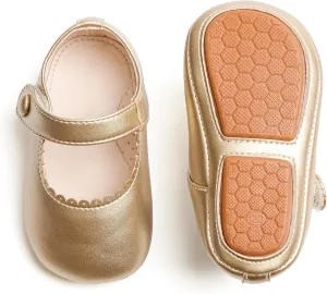 Baby Girls Mary Jane Flats - Infant Newborn Walking Shoes Soft Rubber Sole Princess Wedding