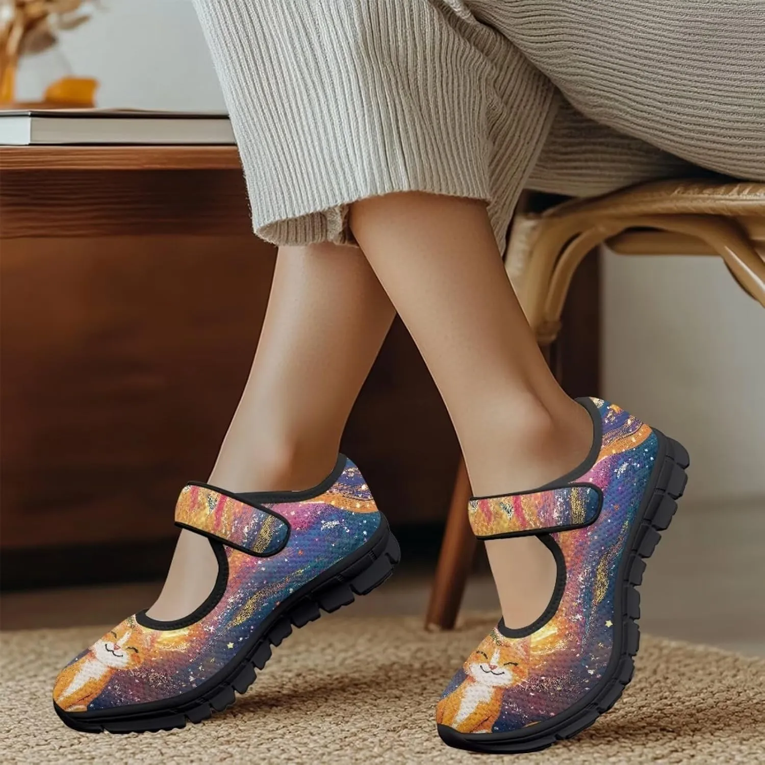 Binienty Mary Jane Shoes Women Mesh Knit Round Toe Slip On Walking Flat Shoes Breathable Soft-Soled
