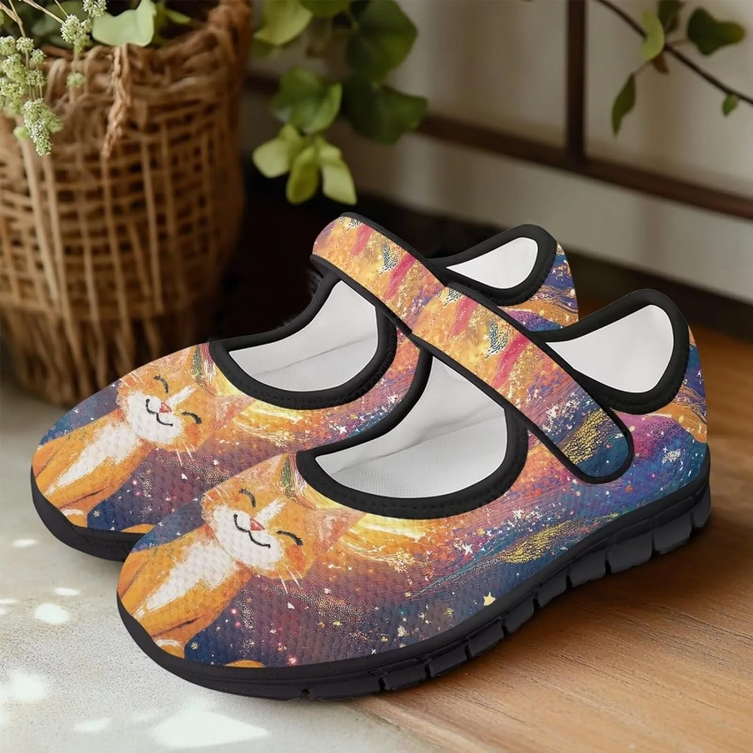 Binienty Mary Jane Shoes Women Mesh Knit Round Toe Slip On Walking Flat Shoes Breathable Soft-Soled