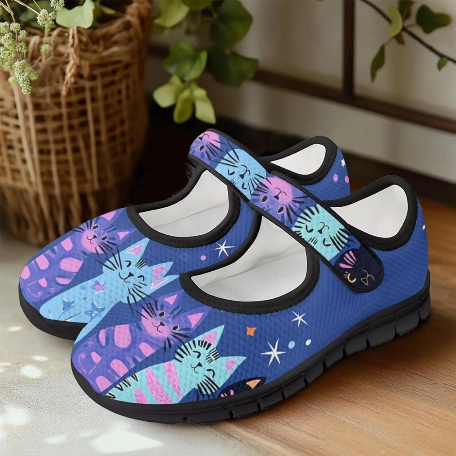 Binienty Mary Jane Shoes Women Mesh Knit Round Toe Slip On Walking Flat Shoes Breathable Soft-Soled