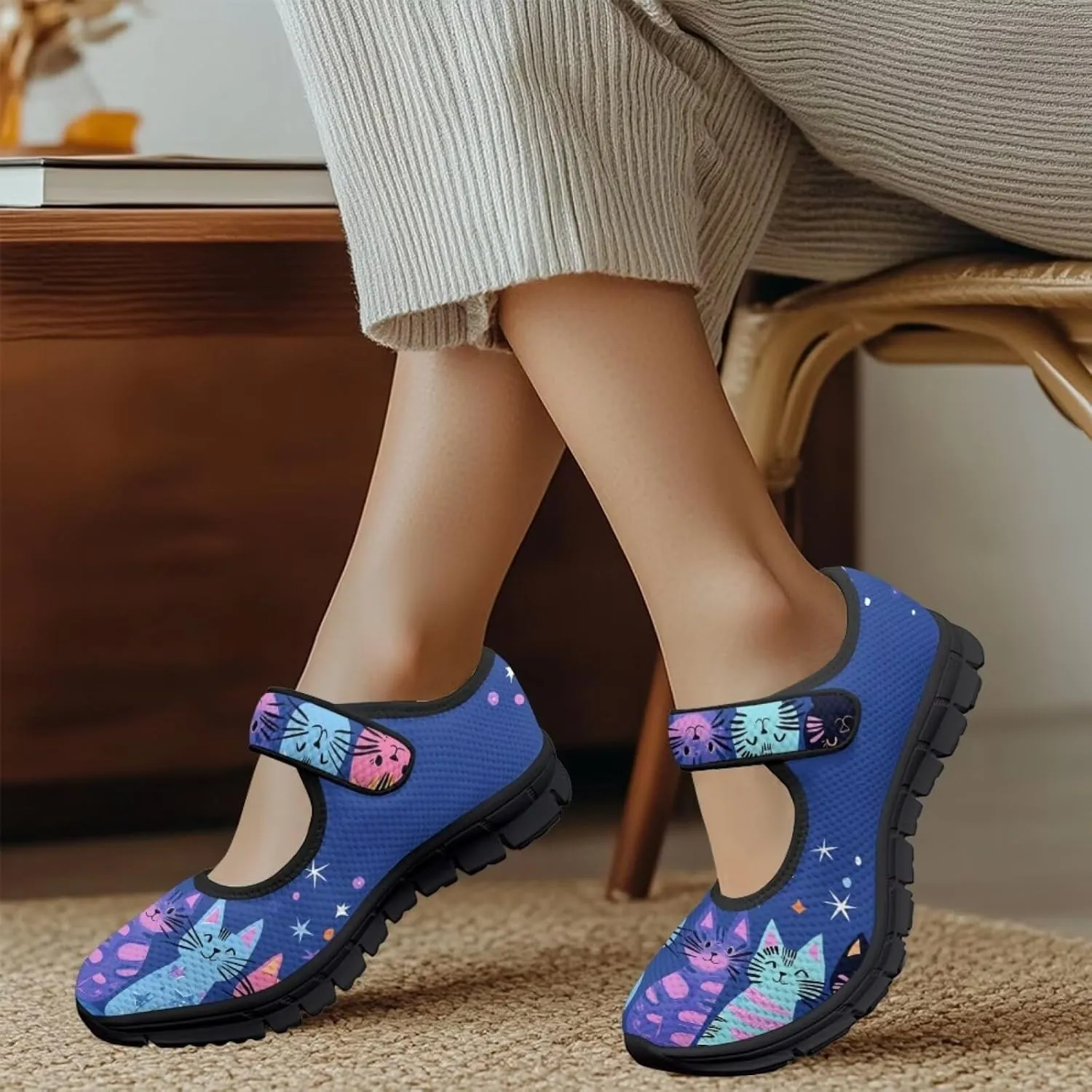 Binienty Mary Jane Shoes Women Mesh Knit Round Toe Slip On Walking Flat Shoes Breathable Soft-Soled