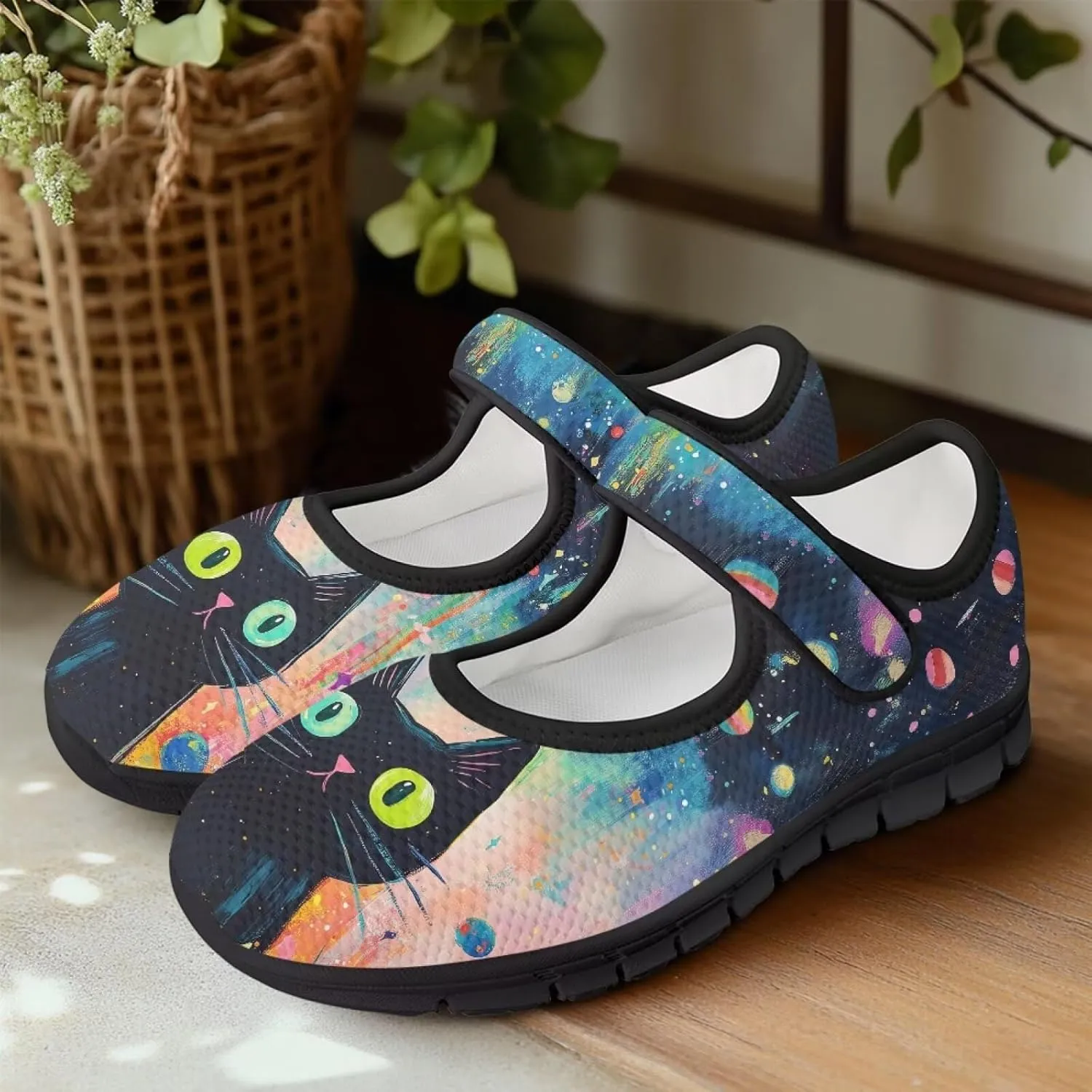 Binienty Mary Jane Shoes Women Mesh Knit Round Toe Slip On Walking Flat Shoes Breathable Soft-Soled