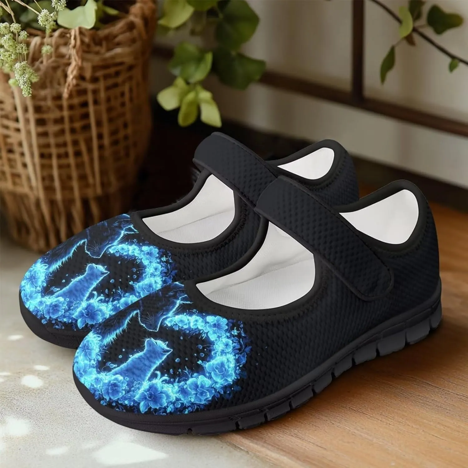 Binienty Mary Jane Shoes Women Mesh Knit Round Toe Slip On Walking Flat Shoes Breathable Soft-Soled