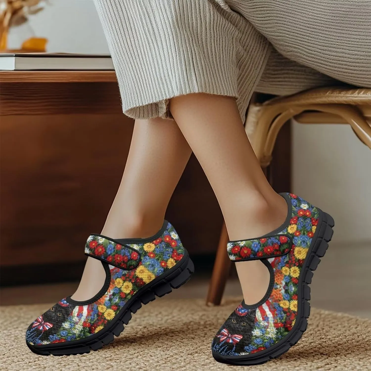 Binienty Mary Jane Shoes Women Mesh Knit Round Toe Slip On Walking Flat Shoes Breathable Soft-Soled