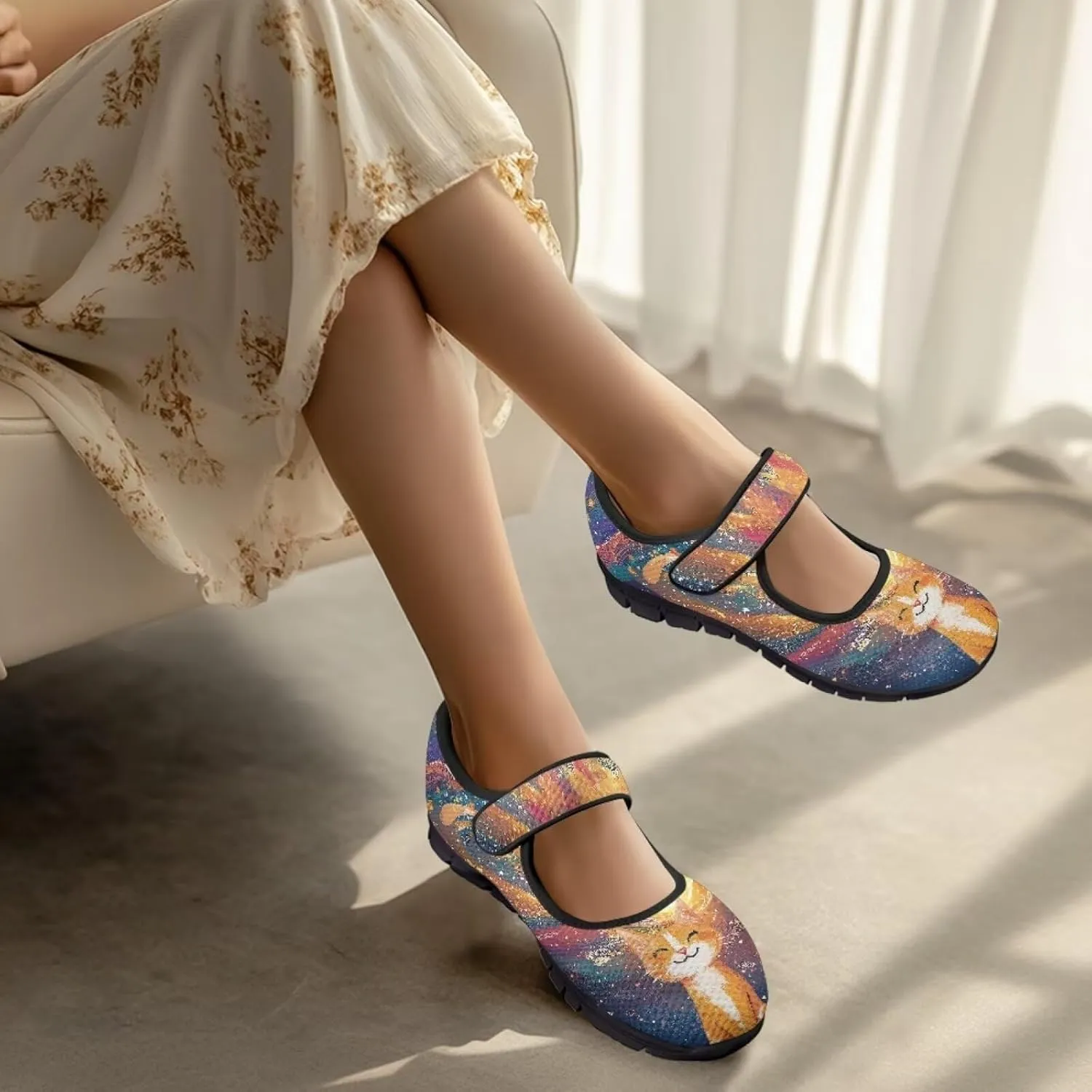 Binienty Mary Jane Shoes Women Mesh Knit Round Toe Slip On Walking Flat Shoes Breathable Soft-Soled