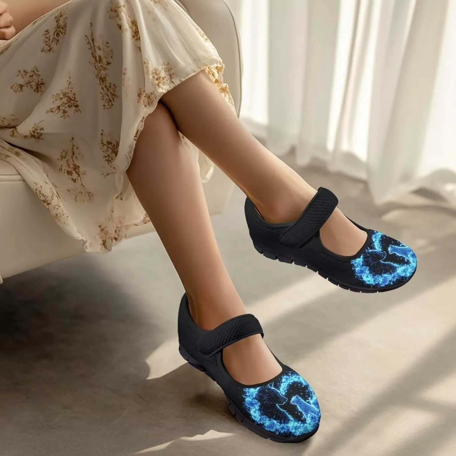 Binienty Mary Jane Shoes Women Mesh Knit Round Toe Slip On Walking Flat Shoes Breathable Soft-Soled