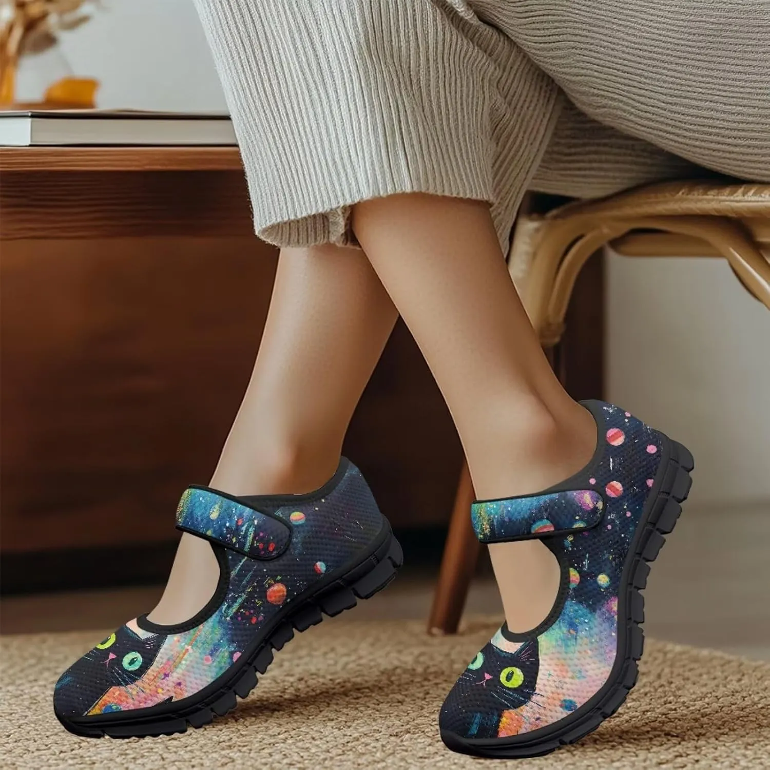 Binienty Mary Jane Shoes Women Mesh Knit Round Toe Slip On Walking Flat Shoes Breathable Soft-Soled