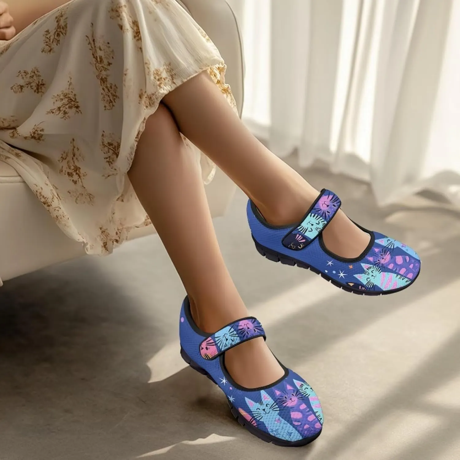 Binienty Mary Jane Shoes Women Mesh Knit Round Toe Slip On Walking Flat Shoes Breathable Soft-Soled