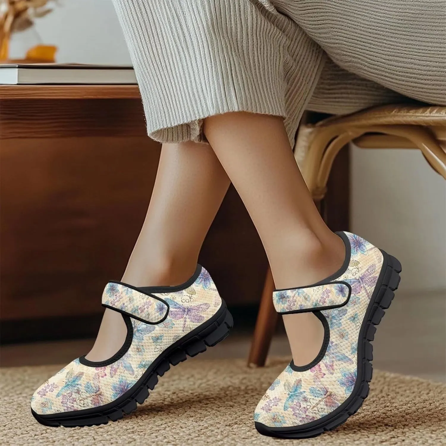Binienty Women's Flats Classic Mary Jane Shoes Adjustable Nurse Walking Shoes Wide Toe Box Barefoot Sneakers