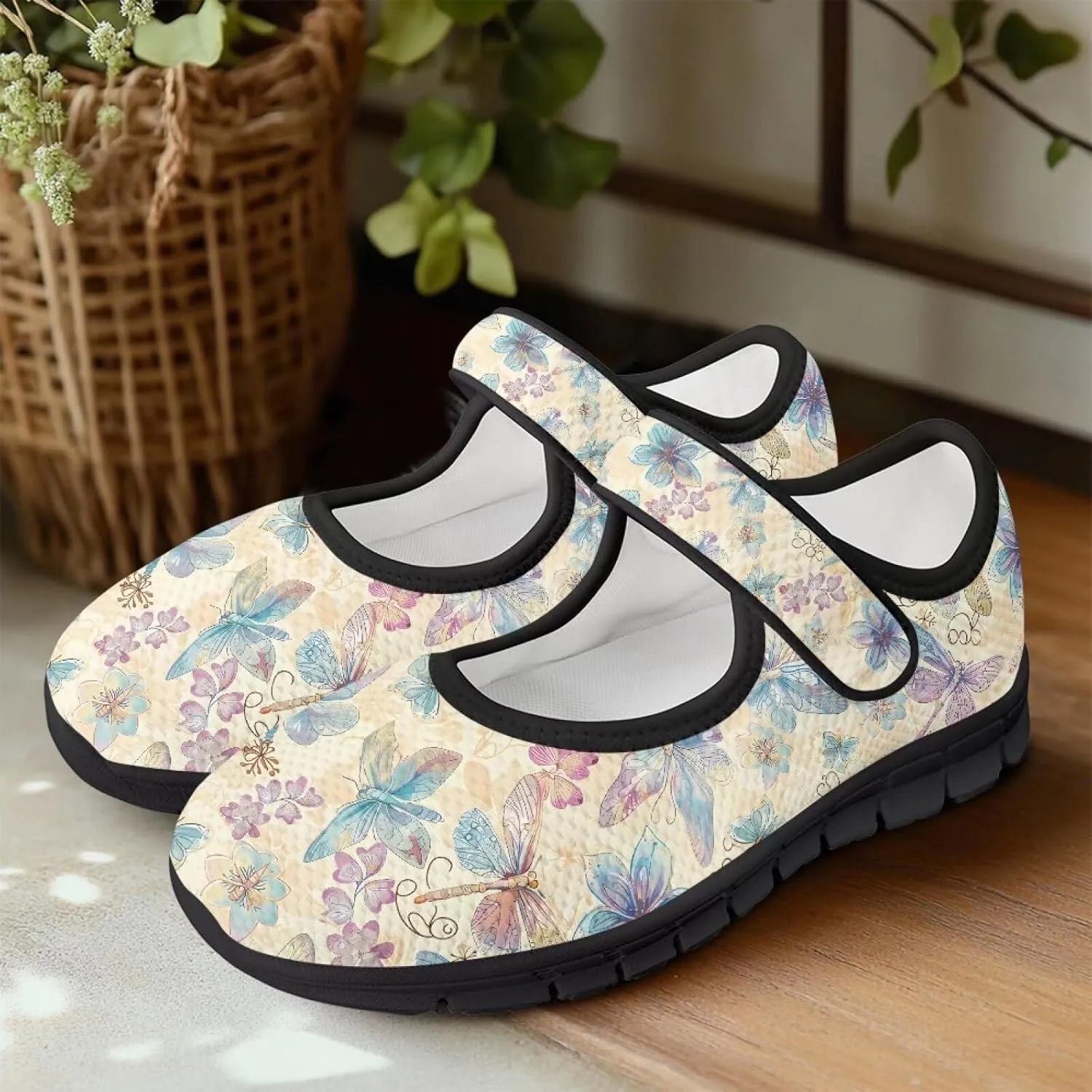 Binienty Women's Flats Classic Mary Jane Shoes Adjustable Nurse Walking Shoes Wide Toe Box Barefoot Sneakers