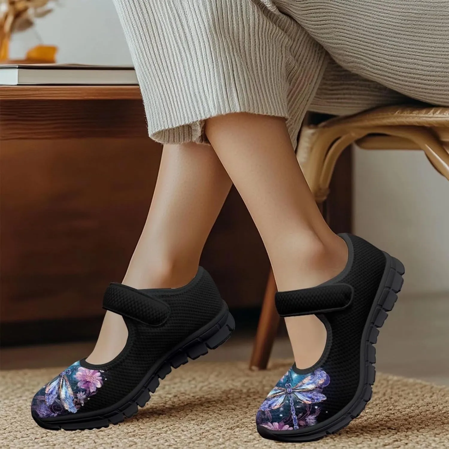 Binienty Women's Flats Classic Mary Jane Shoes Adjustable Nurse Walking Shoes Wide Toe Box Barefoot Sneakers