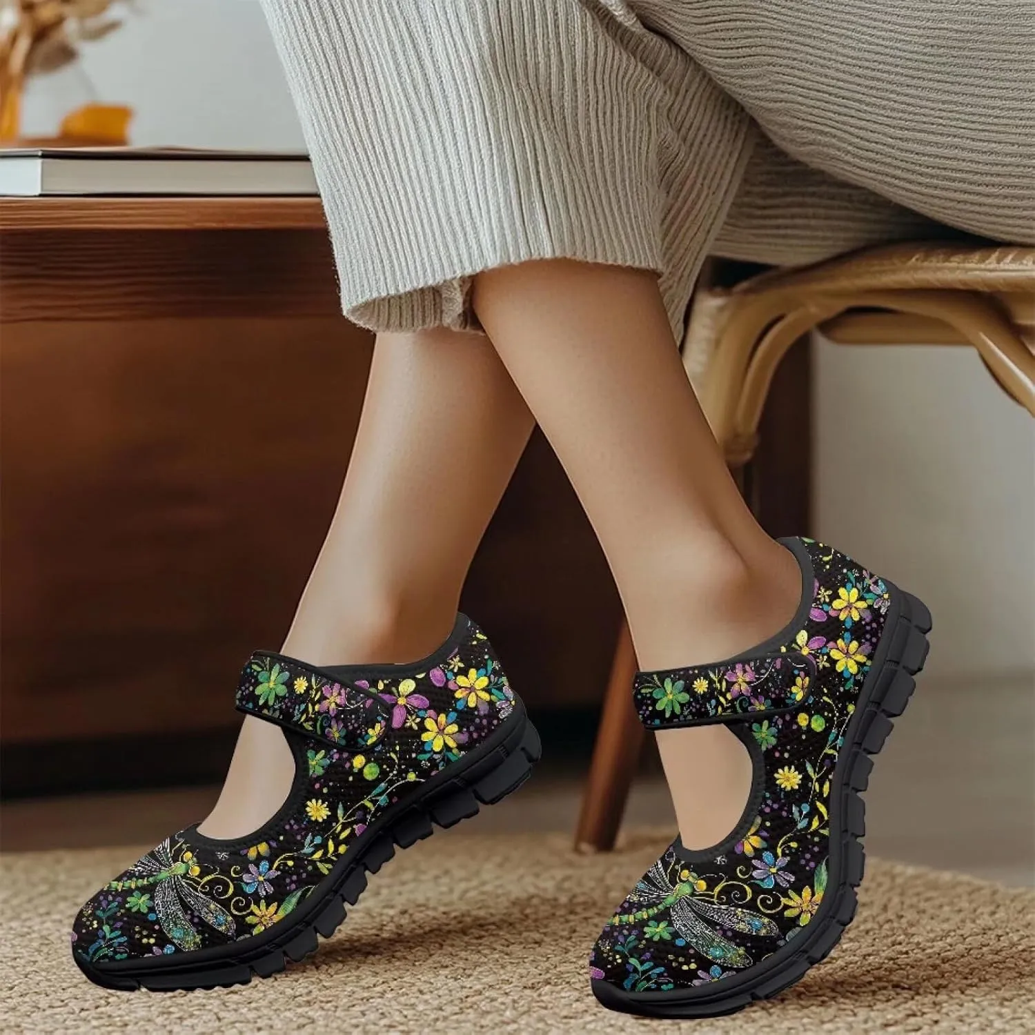 Binienty Women's Flats Classic Mary Jane Shoes Adjustable Nurse Walking Shoes Wide Toe Box Barefoot Sneakers