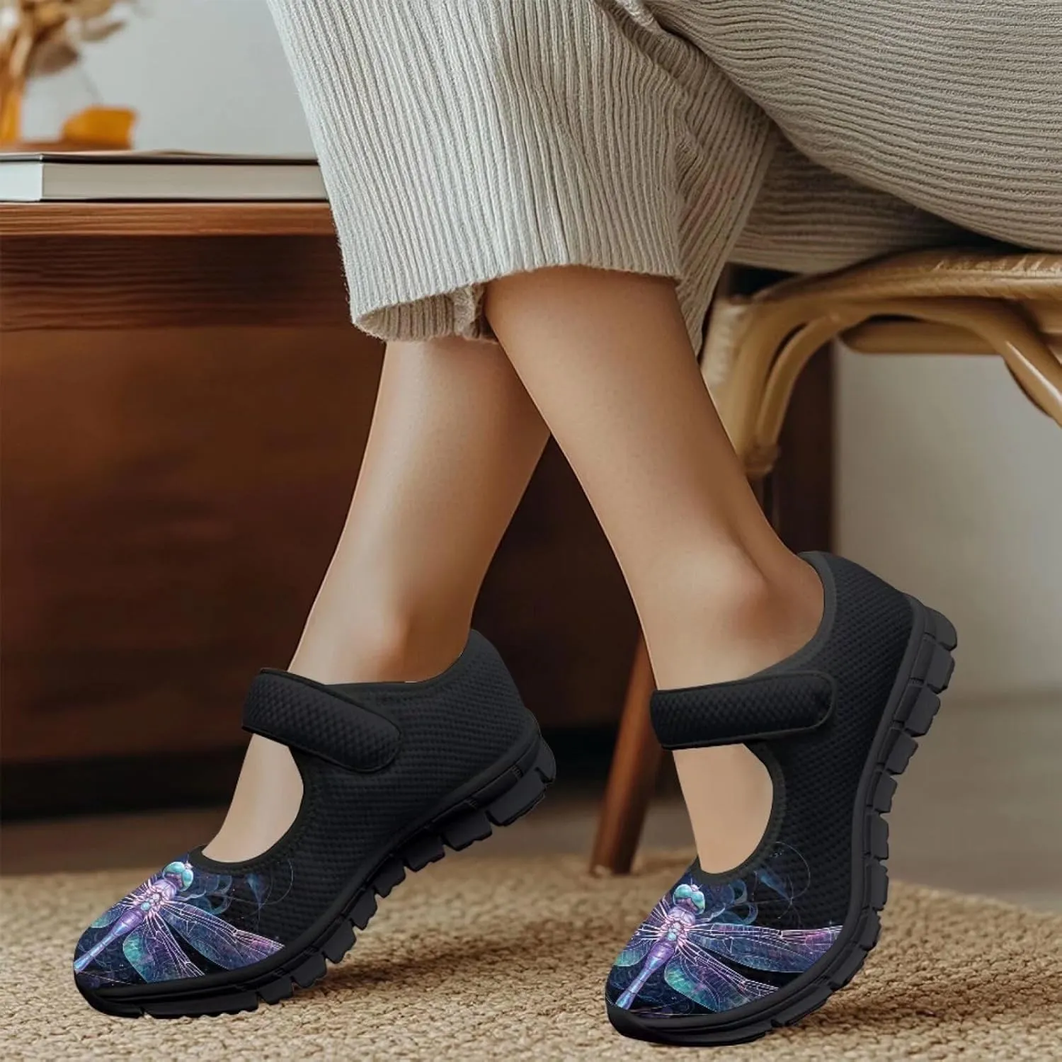 Binienty Women's Flats Classic Mary Jane Shoes Adjustable Nurse Walking Shoes Wide Toe Box Barefoot Sneakers
