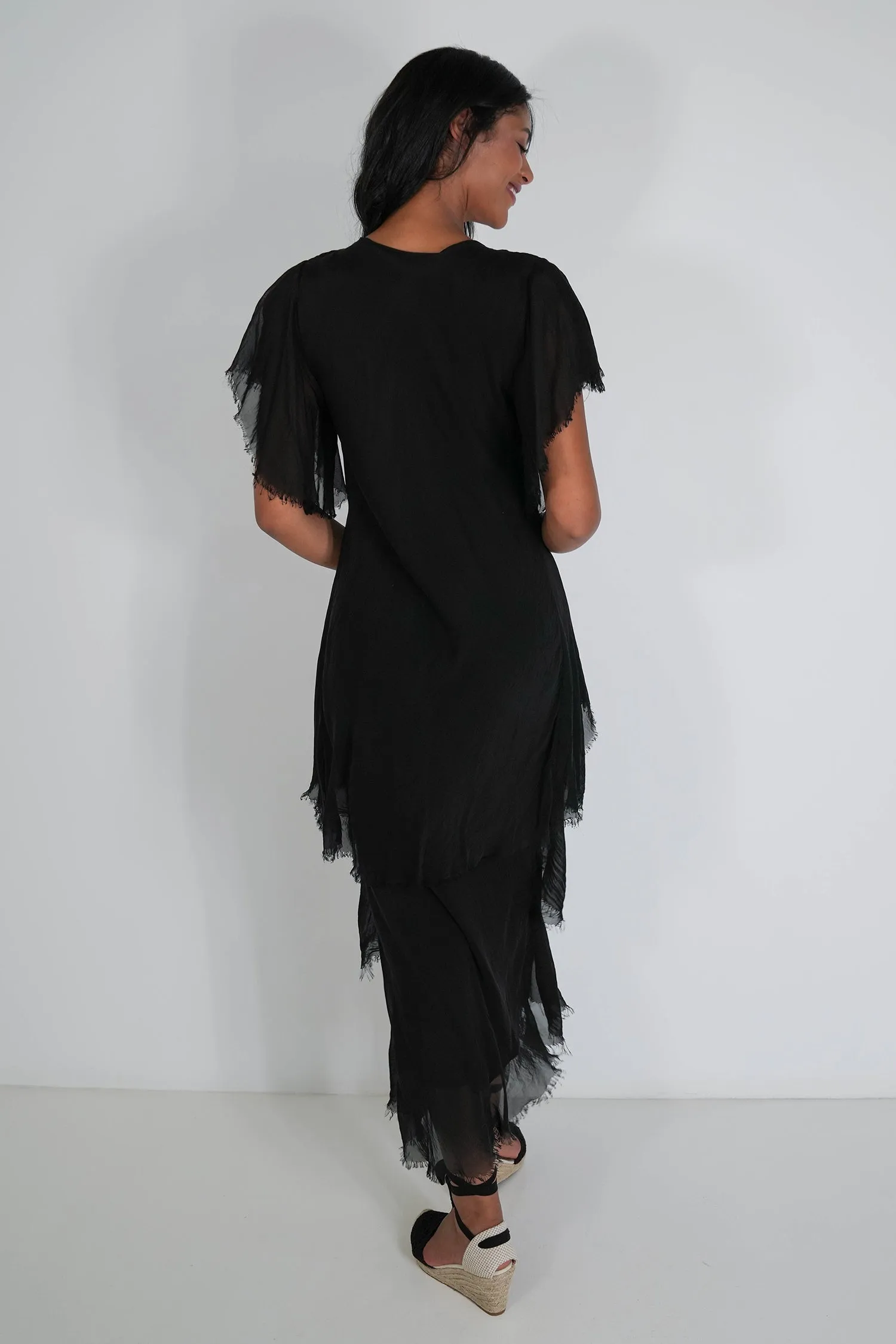 Black Ruffle Short Sleeve Dress