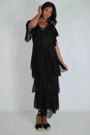 Black Ruffle Short Sleeve Dress