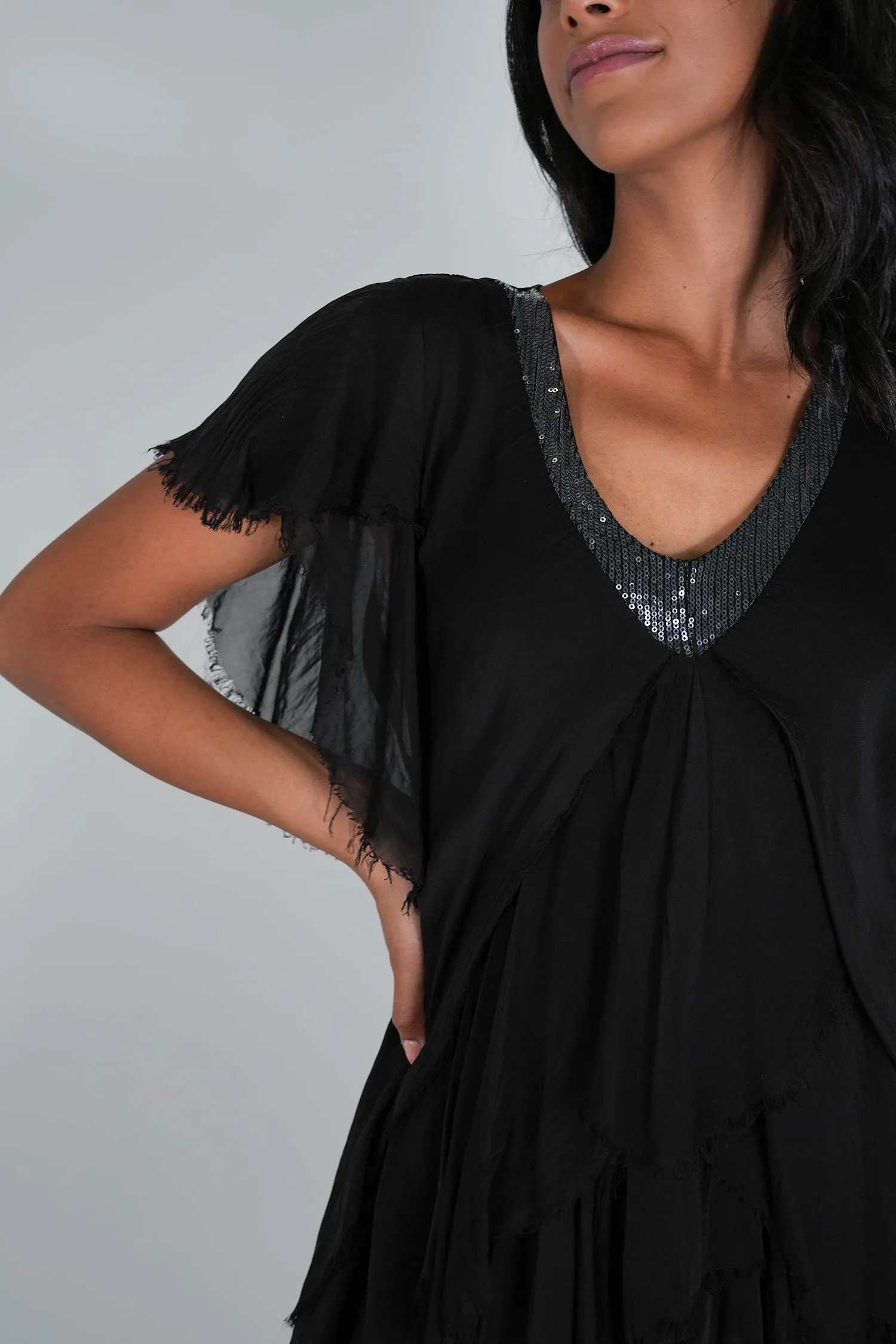 Black Ruffle Short Sleeve Dress