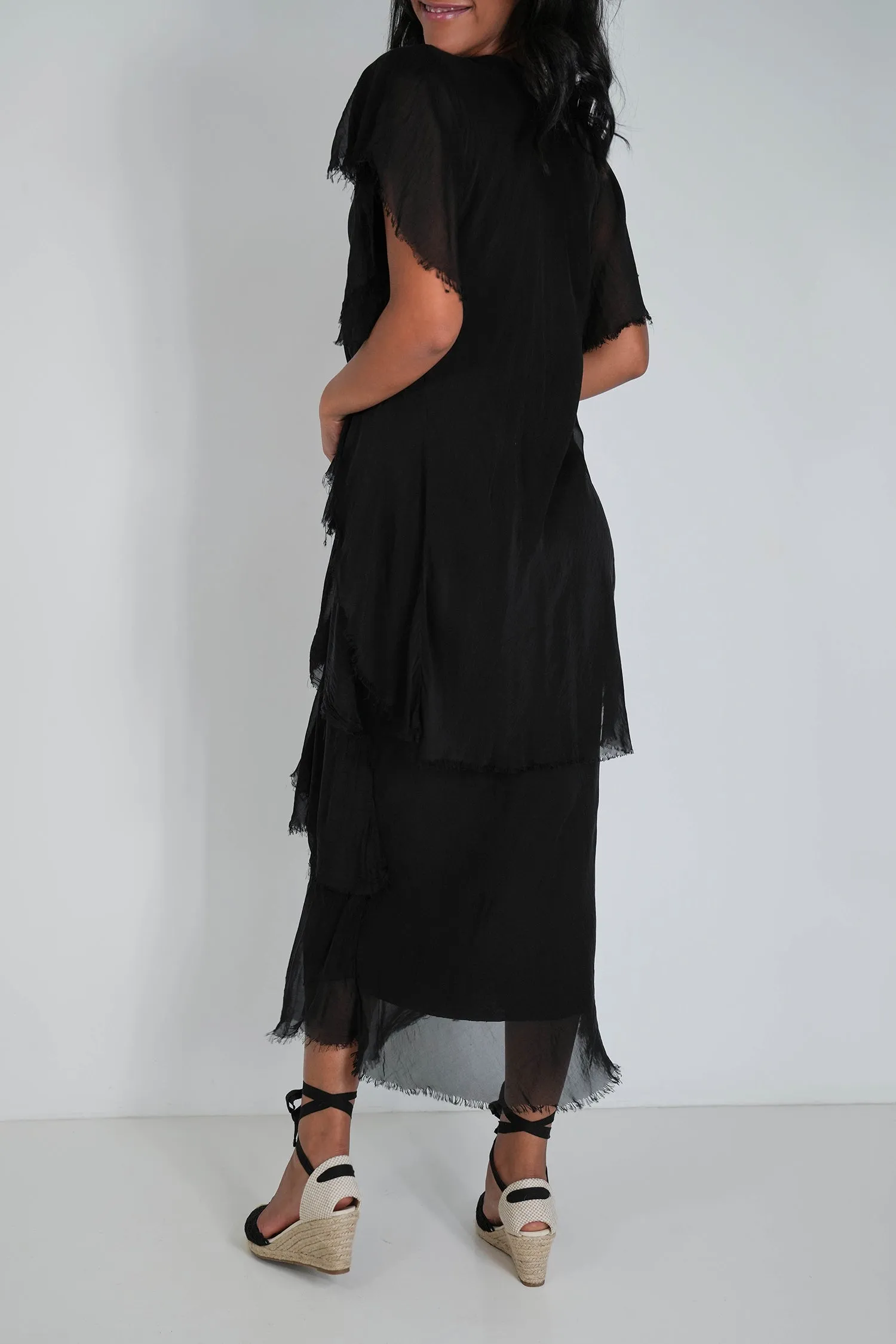 Black Ruffle Short Sleeve Dress