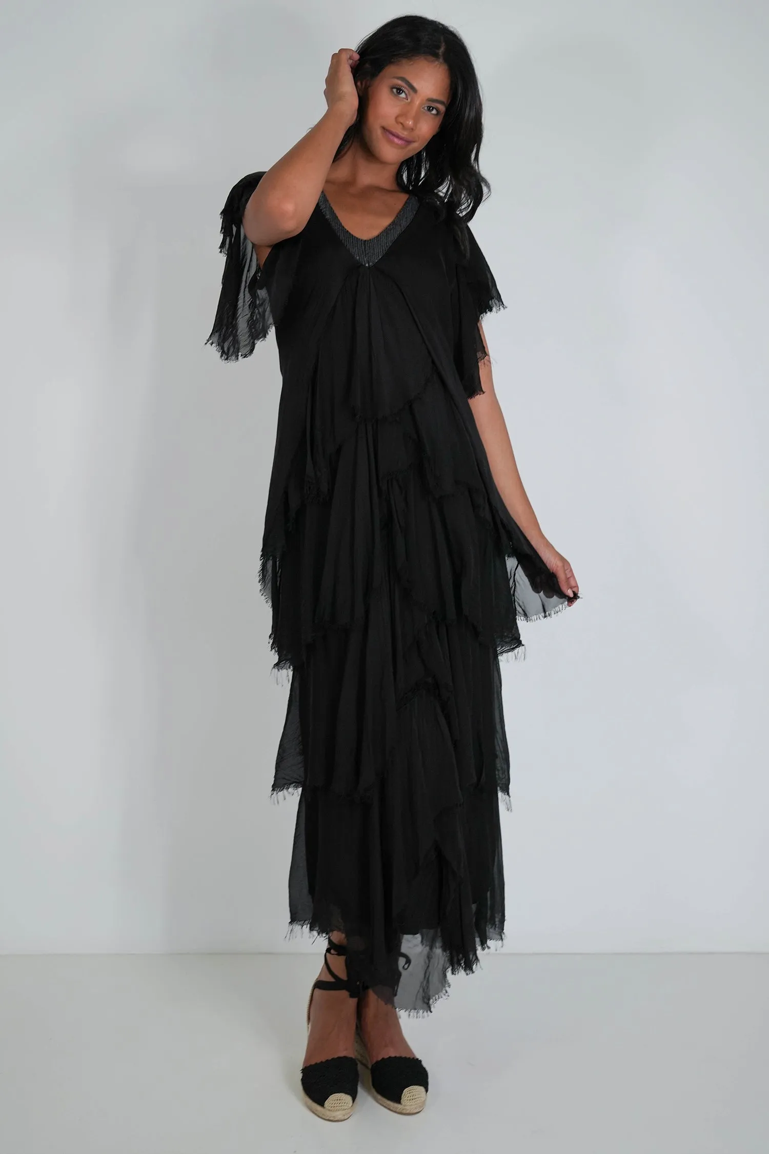 Black Ruffle Short Sleeve Dress