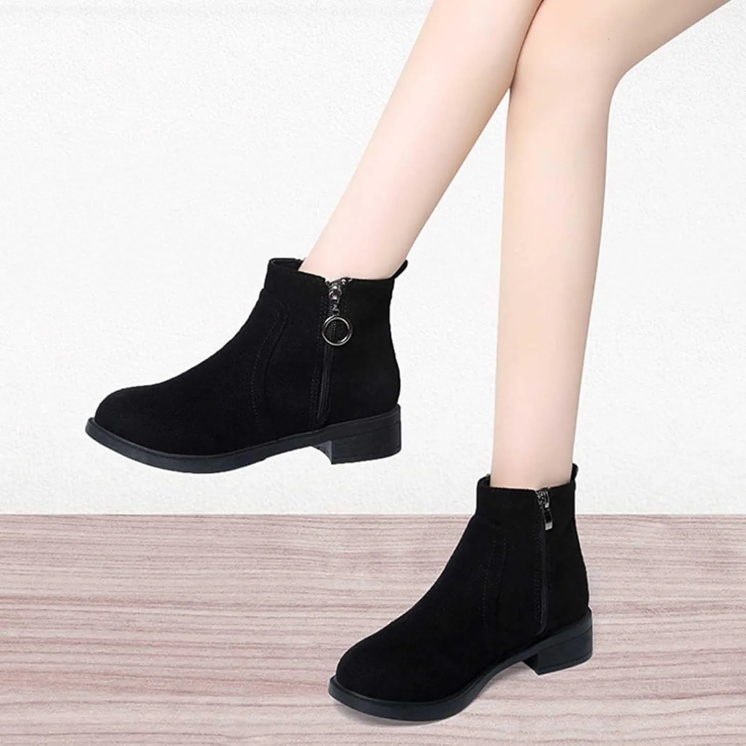 Black Shoes for Women Metal Circle Buckle Side Zipper Flat Boots Suede Frosted Short Boots Classic Plus Size Boots