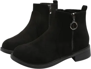 Black Shoes for Women Metal Circle Buckle Side Zipper Flat Boots Suede Frosted Short Boots Classic Plus Size Boots