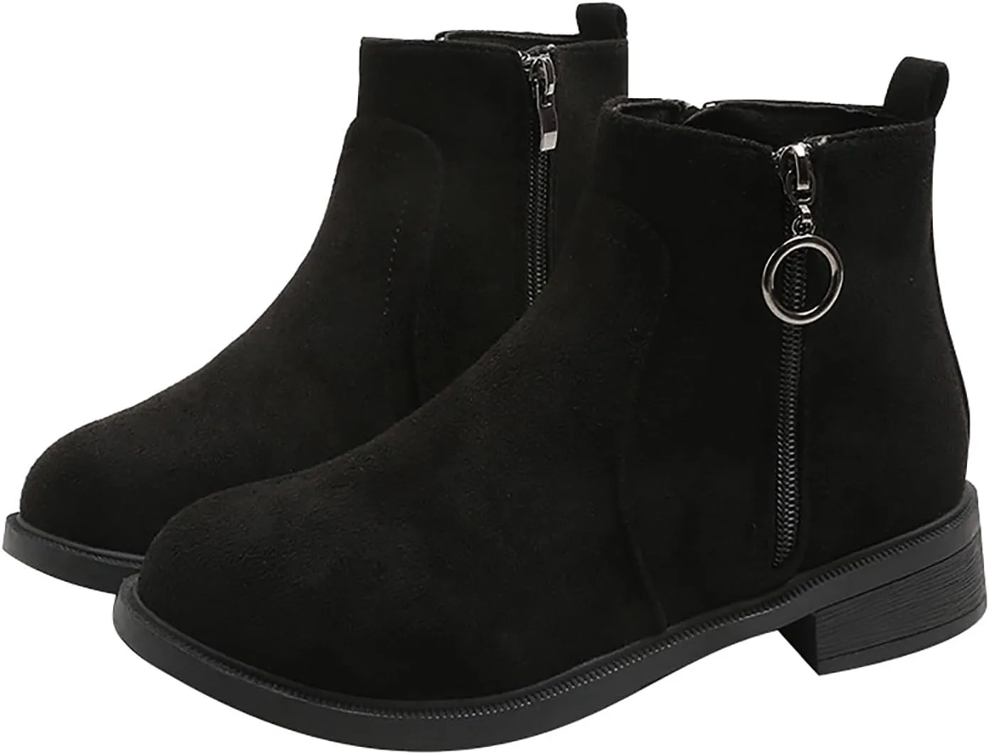 Black Shoes for Women Metal Circle Buckle Side Zipper Flat Boots Suede Frosted Short Boots Classic Plus Size Boots