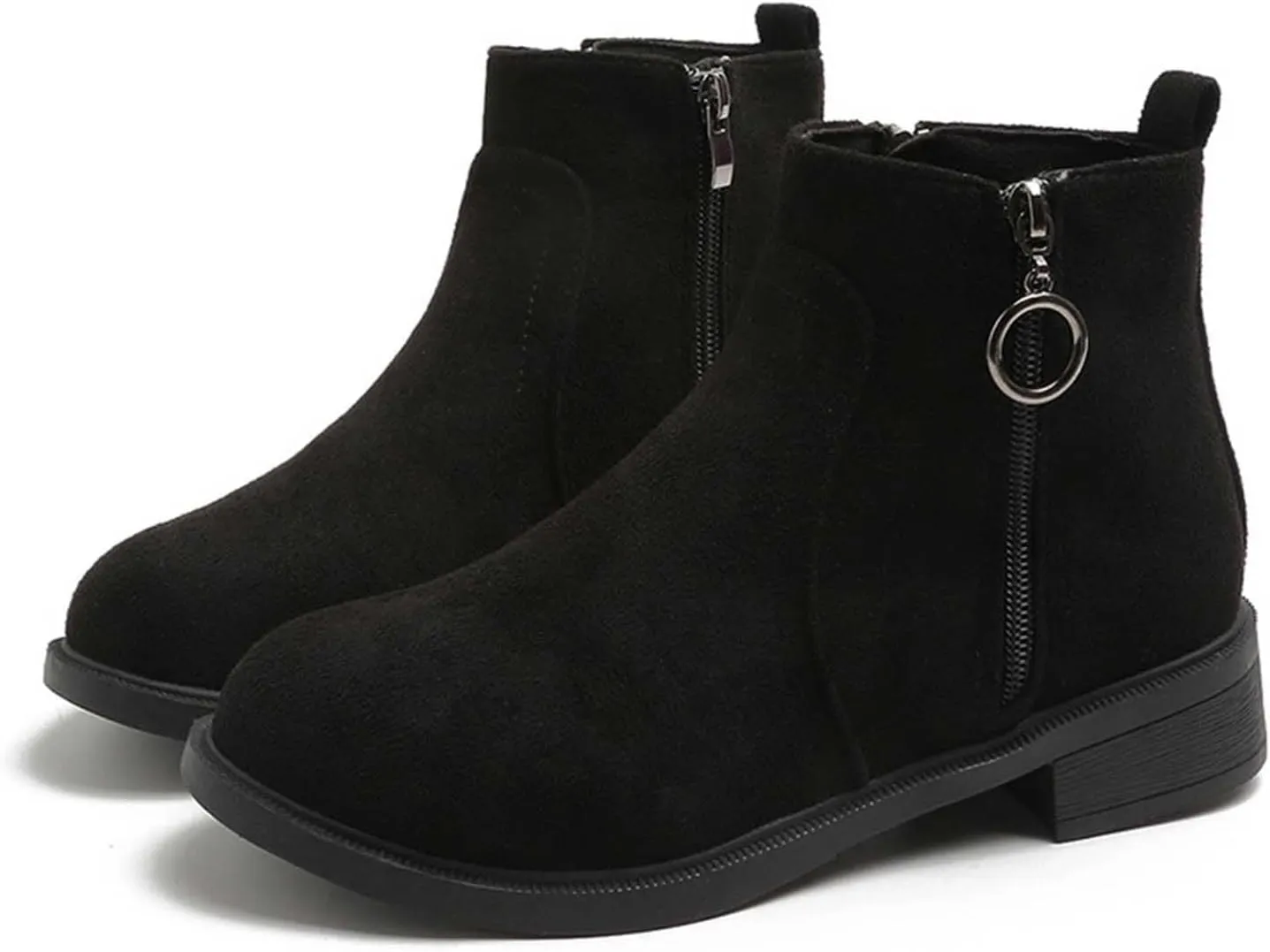 Black Shoes for Women Metal Circle Buckle Side Zipper Flat Boots Suede Frosted Short Boots Classic Plus Size Boots