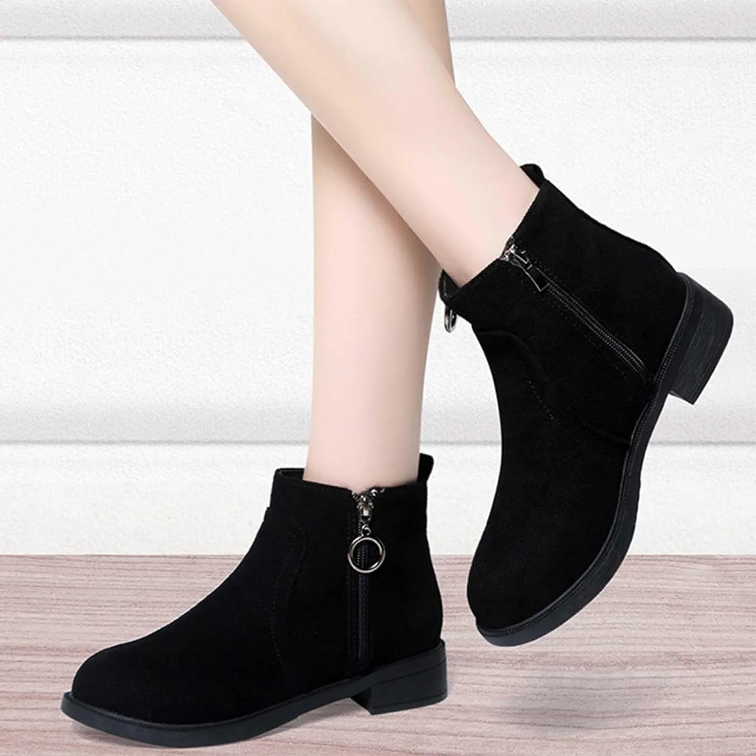 Black Shoes for Women Metal Circle Buckle Side Zipper Flat Boots Suede Frosted Short Boots Classic Plus Size Boots