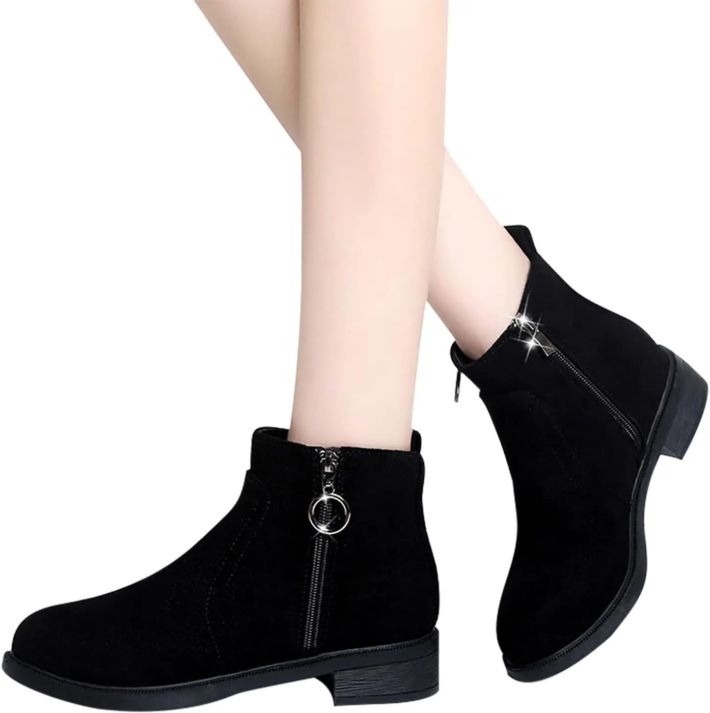 Black Shoes for Women Metal Circle Buckle Side Zipper Flat Boots Suede Frosted Short Boots Classic Plus Size Boots