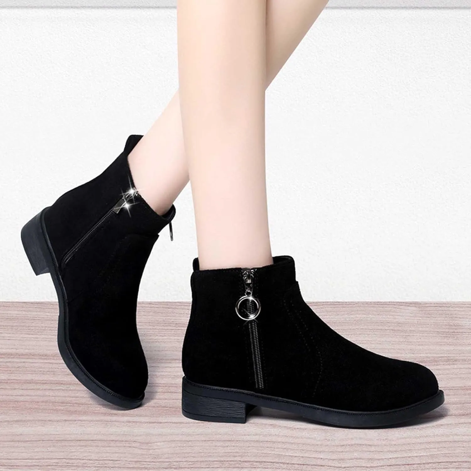 Black Shoes for Women Metal Circle Buckle Side Zipper Flat Boots Suede Frosted Short Boots Classic Plus Size Boots