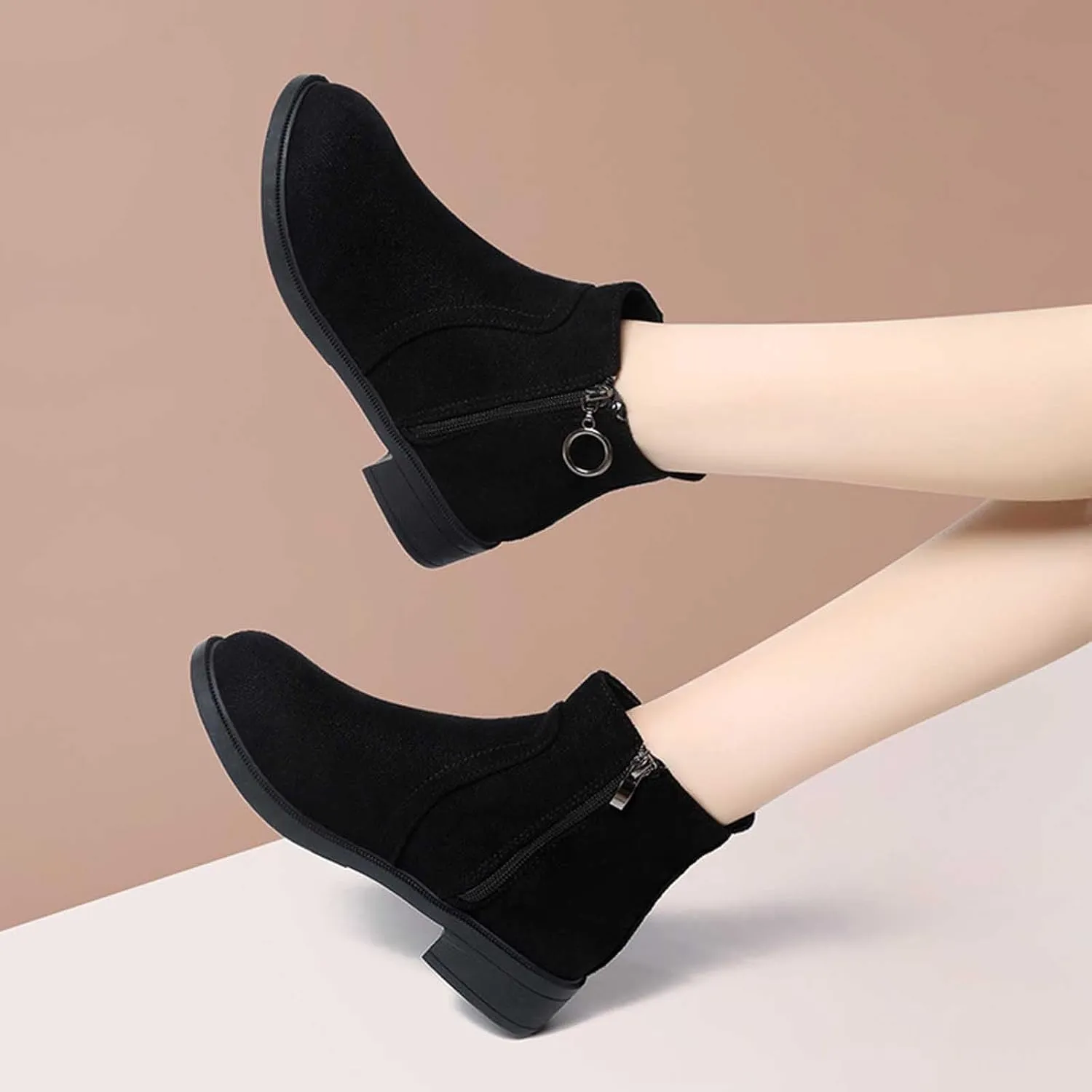Black Shoes for Women Metal Circle Buckle Side Zipper Flat Boots Suede Frosted Short Boots Classic Plus Size Boots