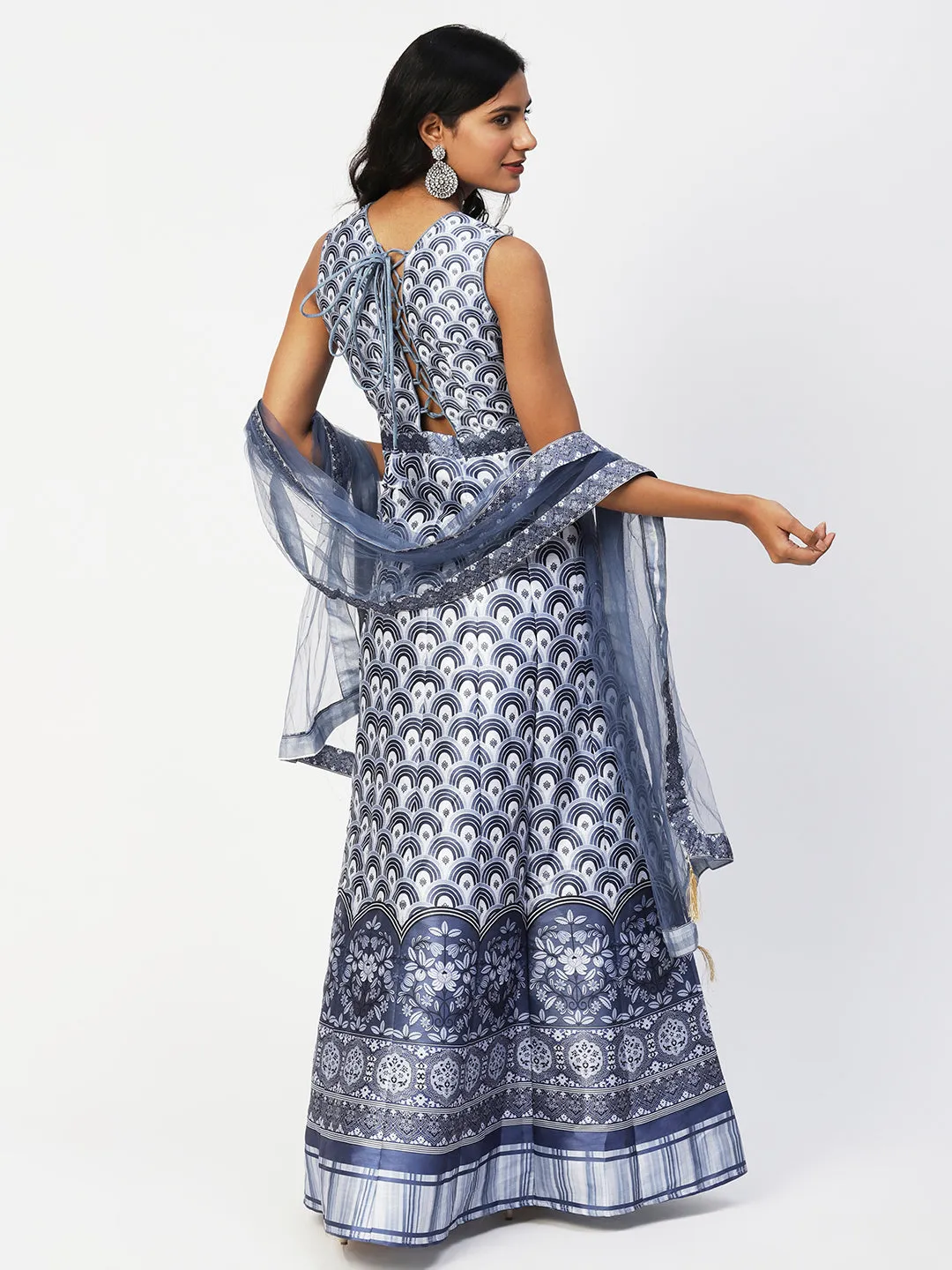 Blue Silk Printed Gown With Dupatta