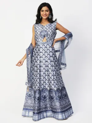 Blue Silk Printed Gown With Dupatta