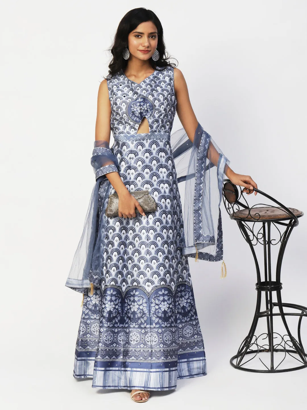 Blue Silk Printed Gown With Dupatta
