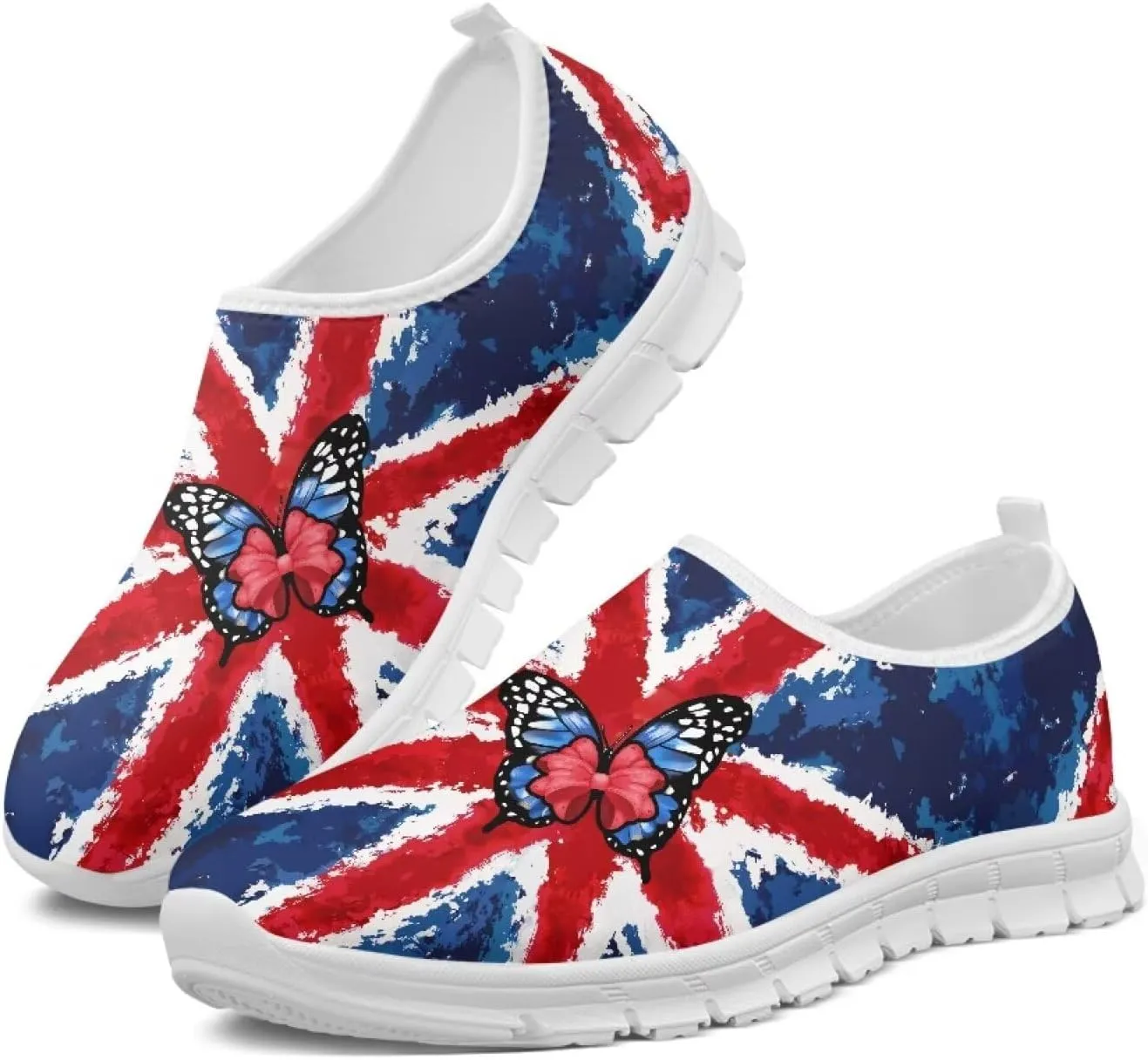 British Flag Butterfly Shoes for Women Sneaker Walking Shoes Athletic Tennis Shoes Flat Loafers Breathable Slip On Footwear