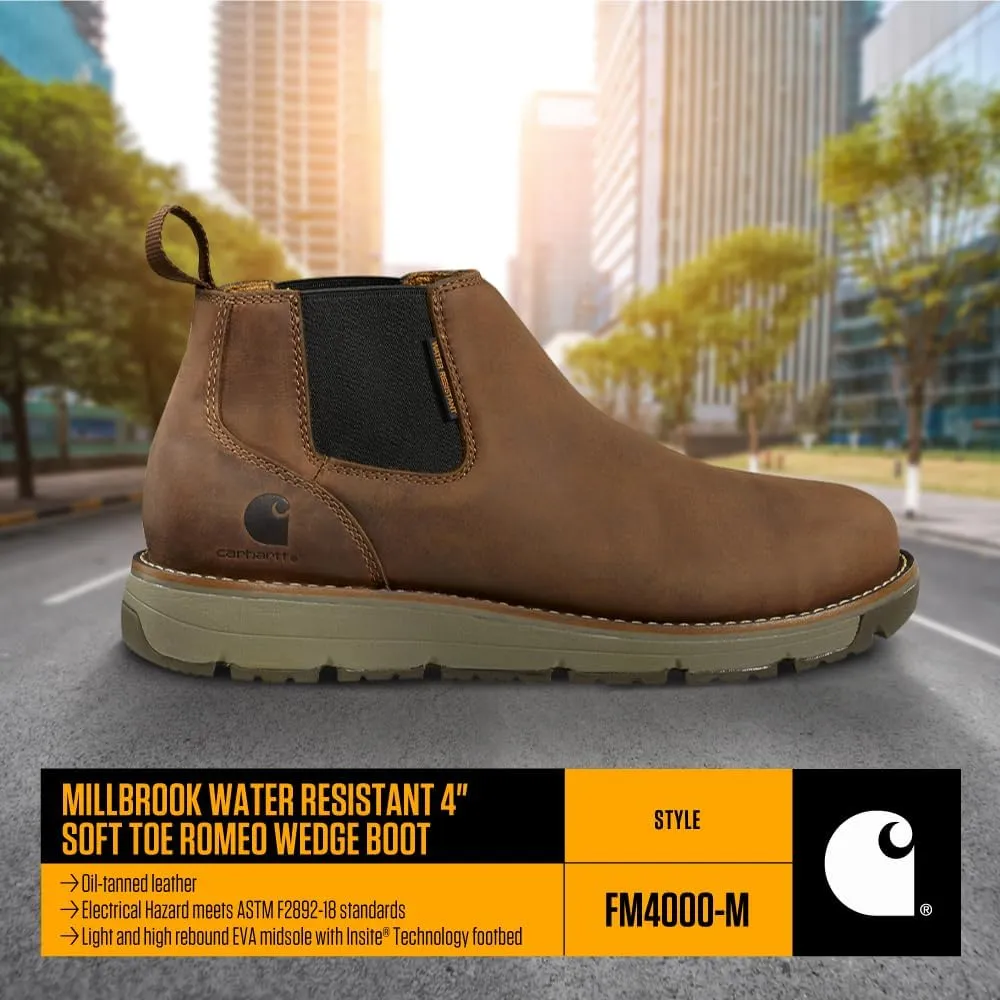 Carhartt Millbrook Water Resistant Romeo Wedge Boot - Work Boots for Men in Brown Oil Tanned Leather, with 4" Shaft, Cement Construction, FastDry, and Slip Resistant & Electrical Hazard Resistant