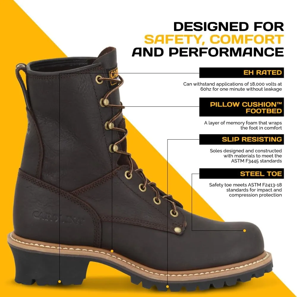 Carolina Elm 8 Steel Toe Logger Work Boots for Men - Rugged Leather Upper with Comfort Footbed, Oil & Slip-Resisting Rubber Lug Outsole, EH Rated