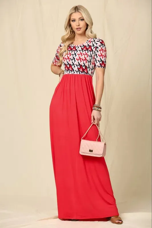 Celeste Full Size Houndstooth Round Neck Short Sleeve Maxi Dress Plus Size