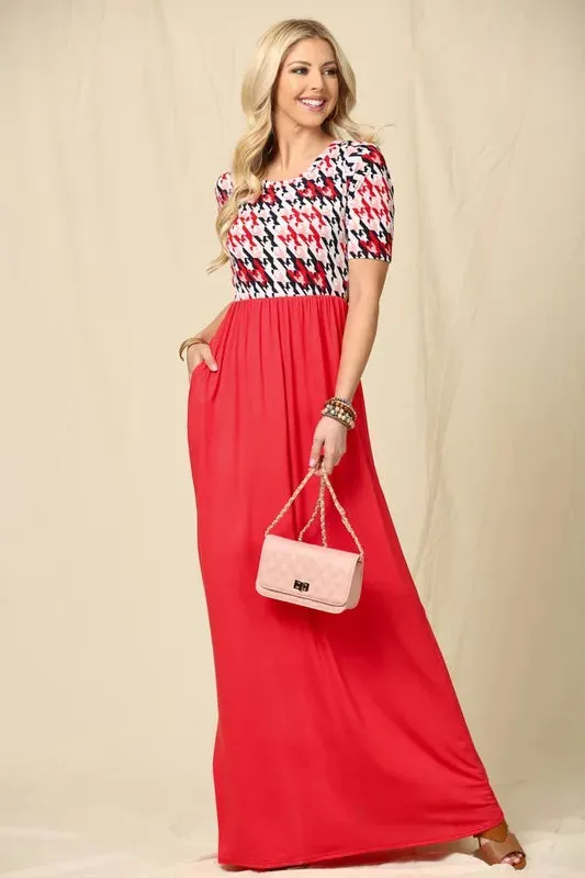 Celeste Full Size Houndstooth Round Neck Short Sleeve Maxi Dress Plus Size