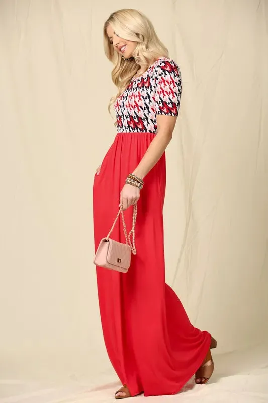 Celeste Full Size Houndstooth Round Neck Short Sleeve Maxi Dress Plus Size