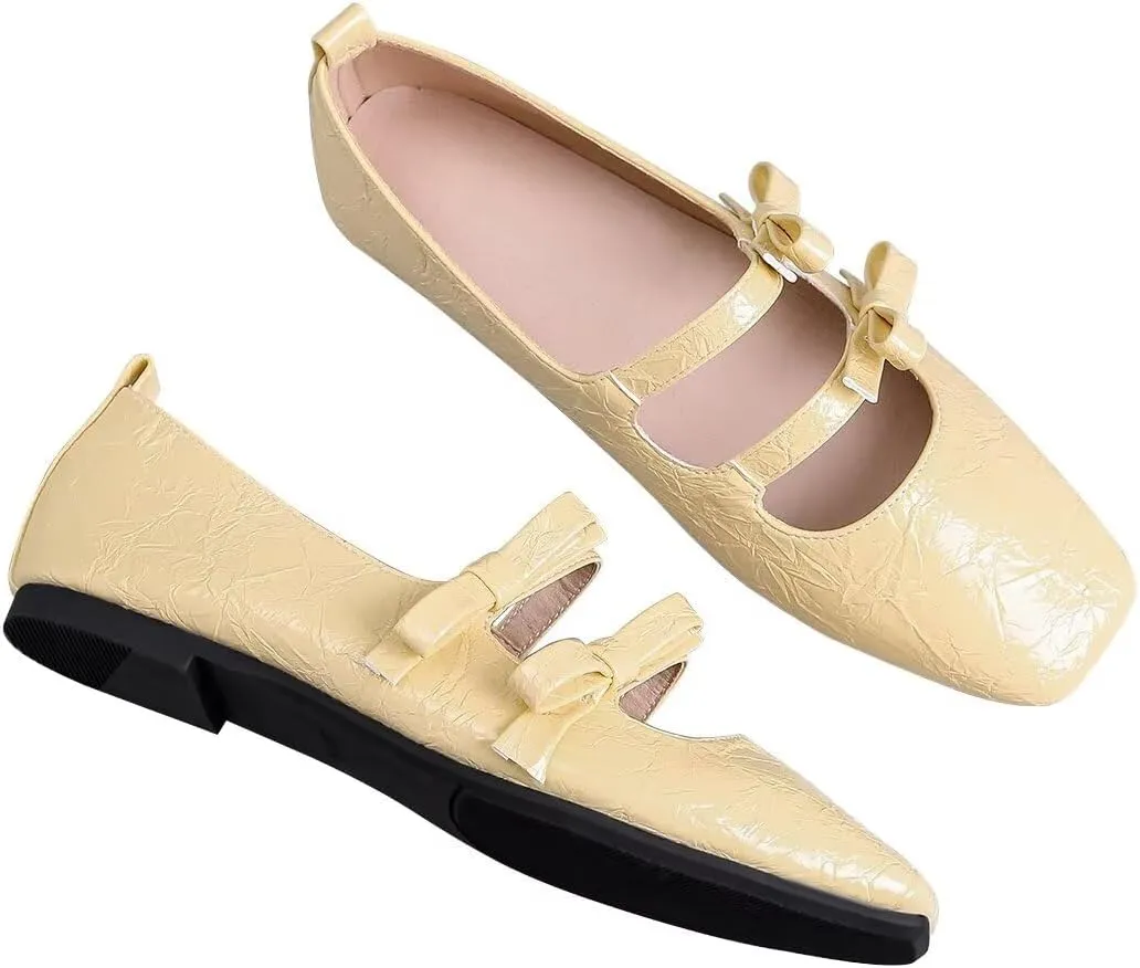 ChaiRong Zhou Women Two Cute Bowknot Mary Jane Pleated Leather Ballet Flats Slip on Square Toe Casual Party Dress Shoes
