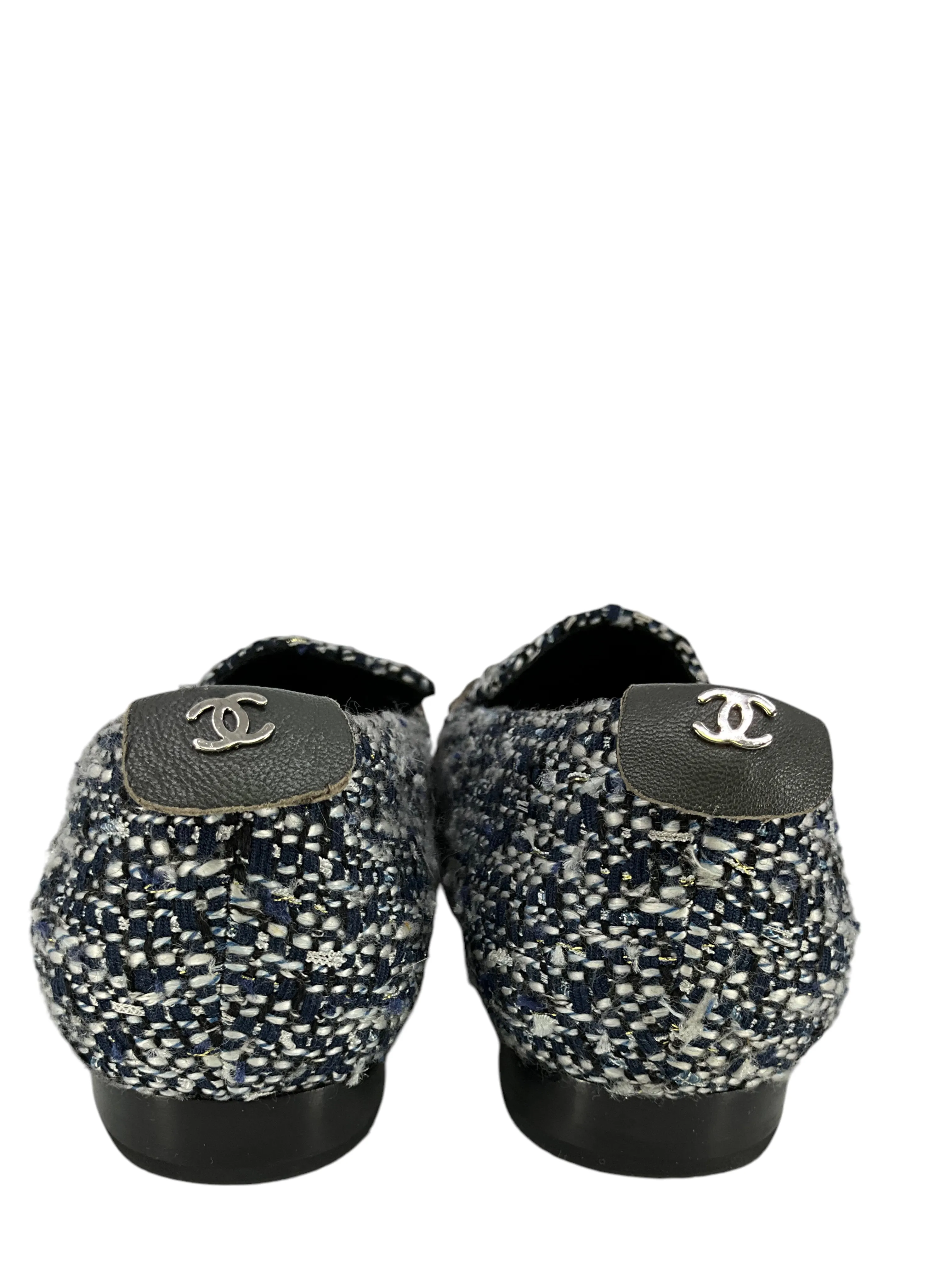 Chanel Tweed Cap Toe Logo Charms Loafers Size 8