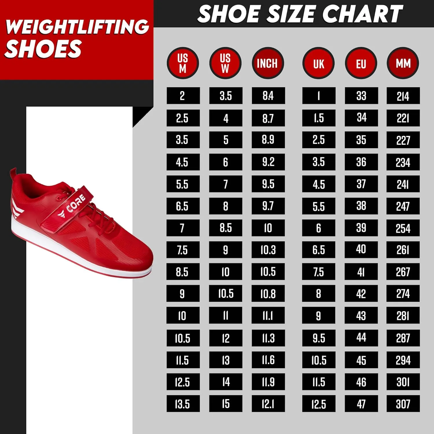 Core Weightlifting Shoes - Squat Shoes for Men and Women  Weight Lifting Shoes for Powerlifting, Deadlifting & Crossfit - Strap and Lace-Up Gym Shoes  Non-Slip Olympic Lifting Shoes with 0.67" Heels