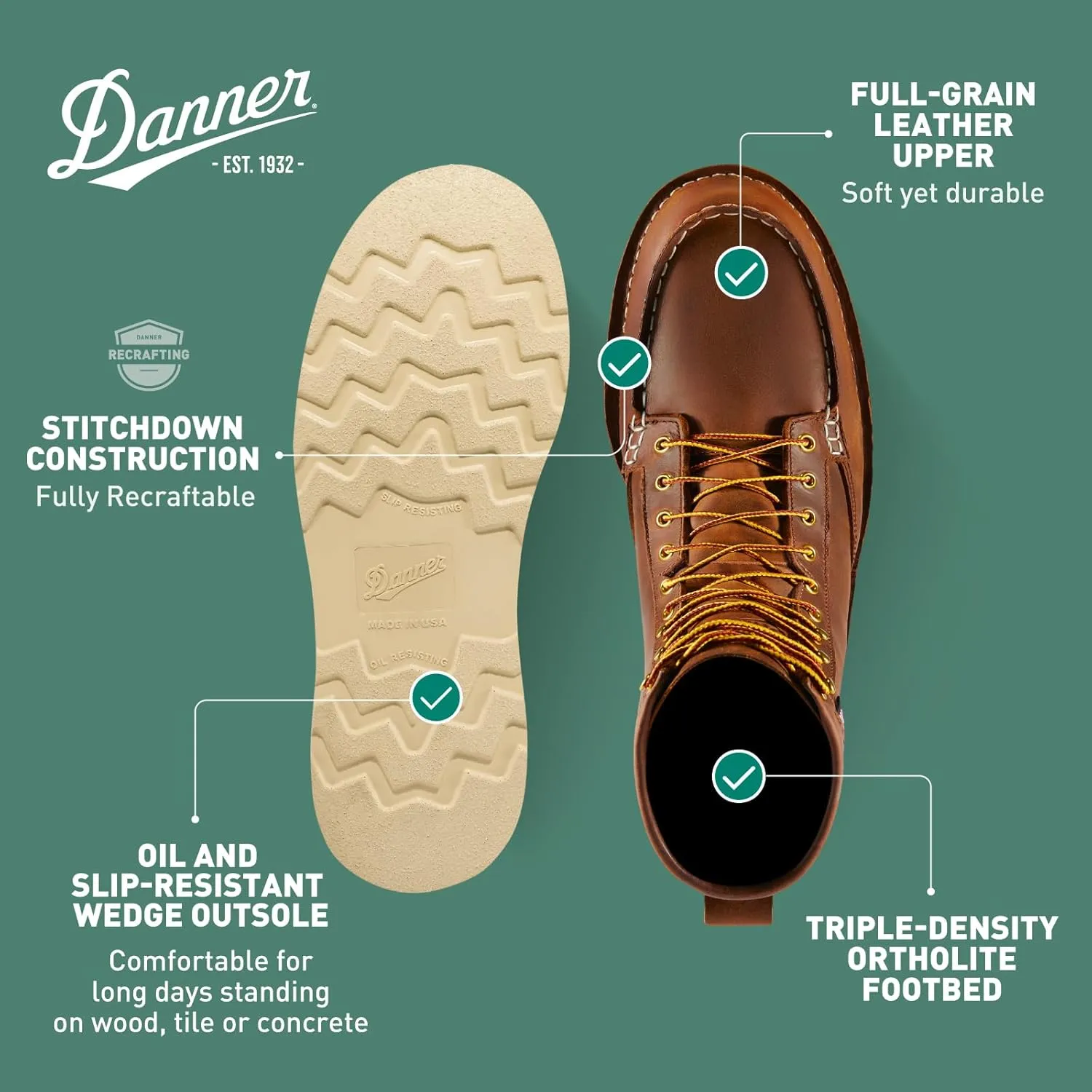 Danner 8 Bull Run Moc Toe Work Boots for Men - Durable Full-Grain Leather with Non Slip Wedge Outsole and 3-Density Cushion Footbed, EH Resistant